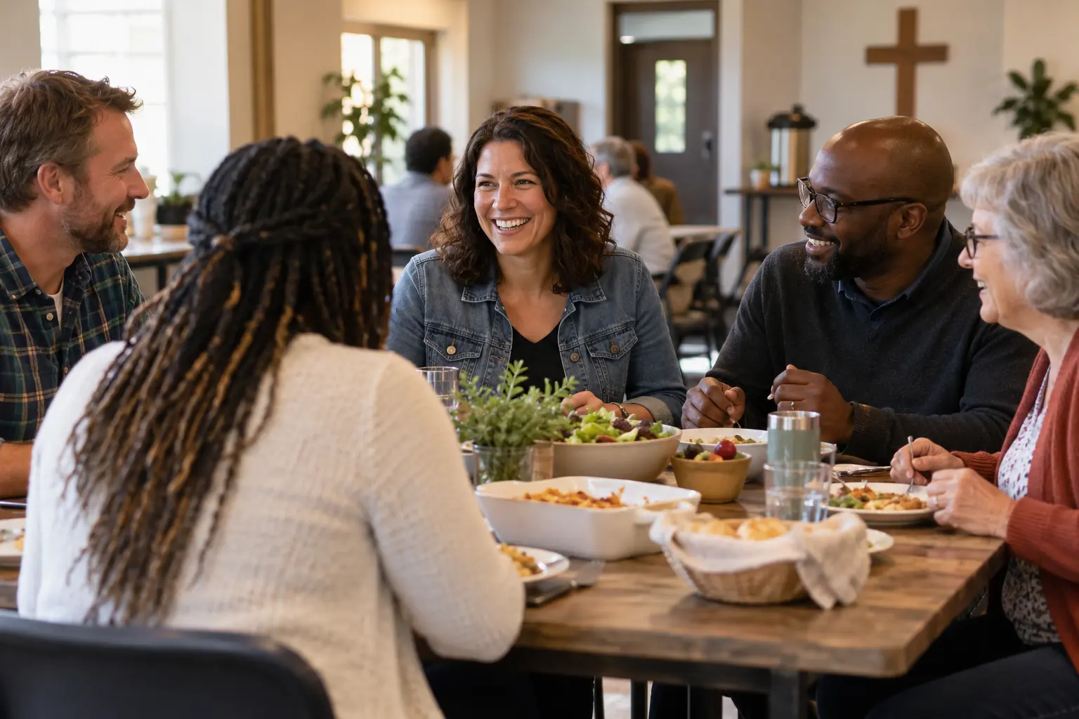 Church members share a meal and welcome one another into conversation